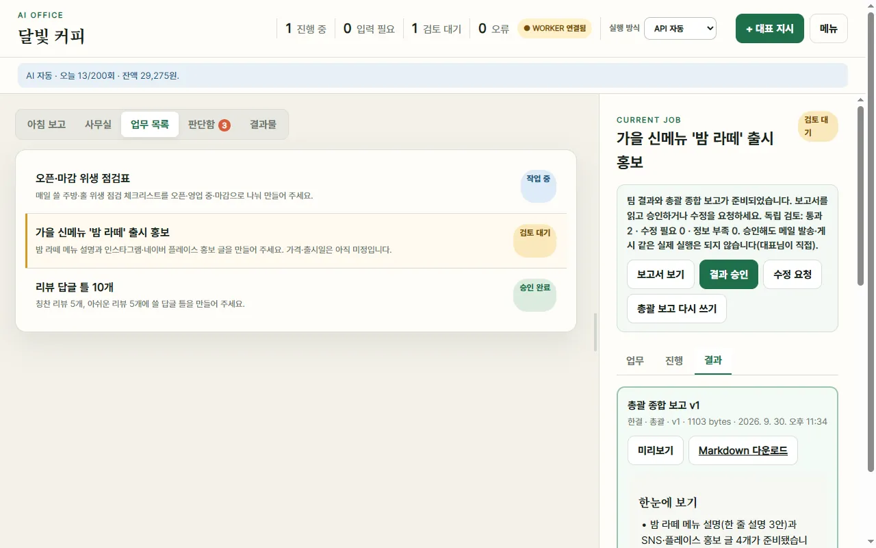 종합 보고가 도착한 업무 화면