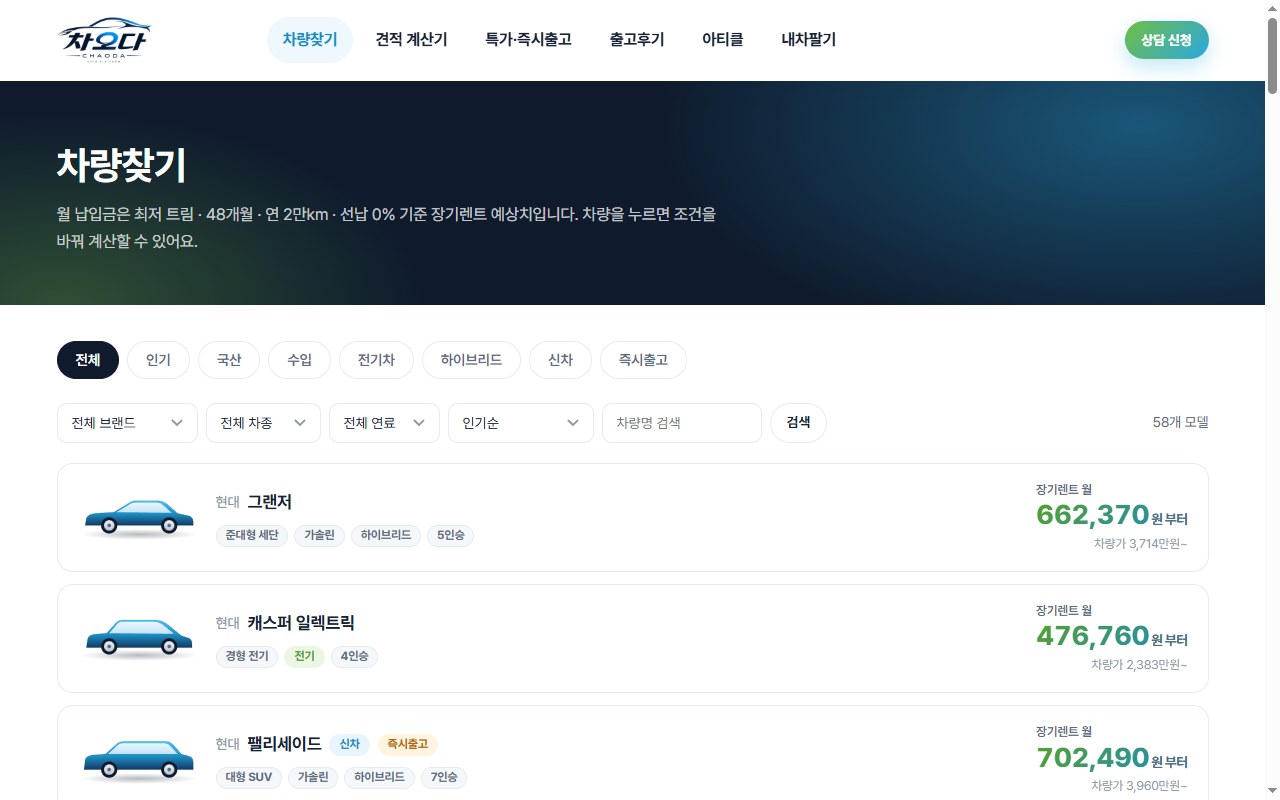 차량찾기 — 브랜드·차종·연료별 장기렌트 월 납입금